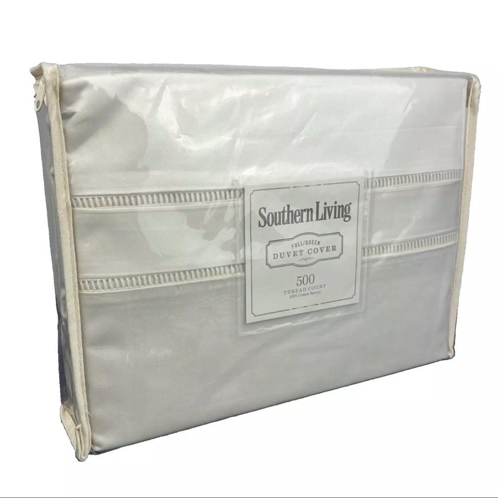 Southern Living QUEEN Heirloom Linen Duvet Cover 500 TC Cotton Sateen Cream